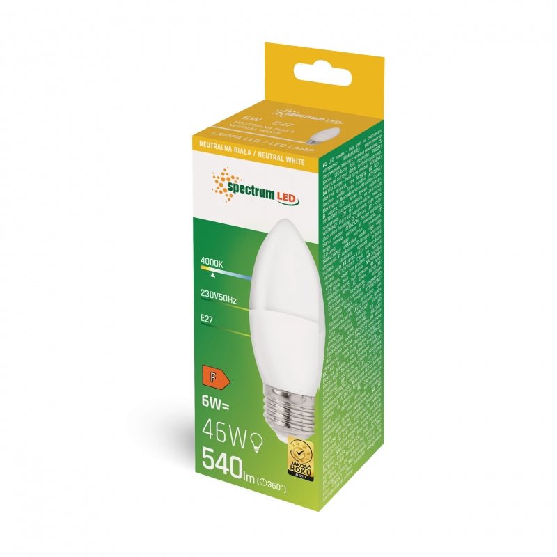Spectrum LED-Kerzenlampe C37 E27 230V 6W NW 4000K, 540 Lumen für den Innenbereich, 160° Abstrahlwinkel, nicht dimmbar