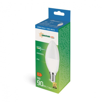 Spectrum LED-Kerzenlampe C37 E14 230V 1W kaltweiß 6000K mit 90 Lumen, breiter Lichtstrahl von 270° und Lebensdauer von 17.000 Stunden