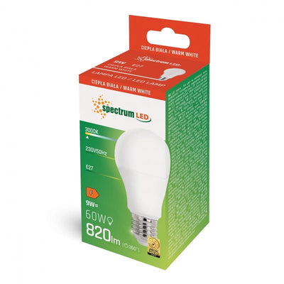 Spectrum LED A60 9W E-27 warmweiße Lampe 3000K, 820 Lumen, IP20, nicht dimmbar, 230V, CRI &gt;80, 270° Lichtstrahl